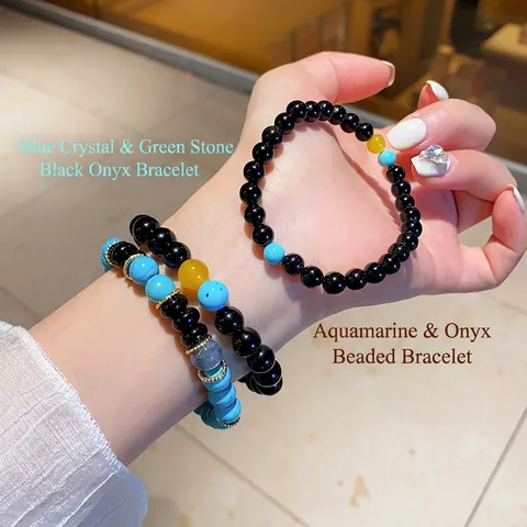 Bracciale Di Perline Fatto A Mano Agata Nera Pietra Turchese Blu Elastico Gioielli Retro Minimalisti Unisex