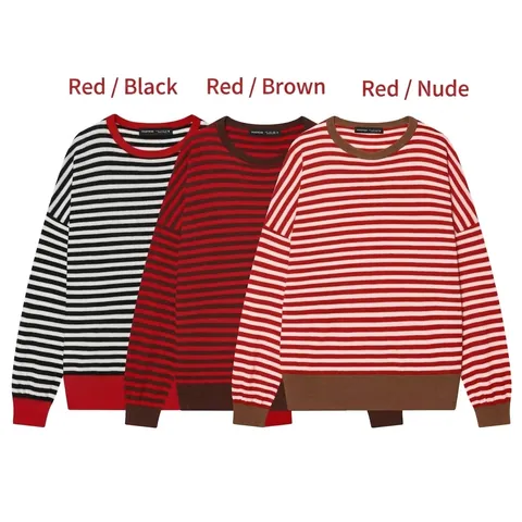 Pull Rayé En Tricot Femmes Col Rond Manches Longues Chandail Finitions Côtelées Contrastées Décontracté Ample