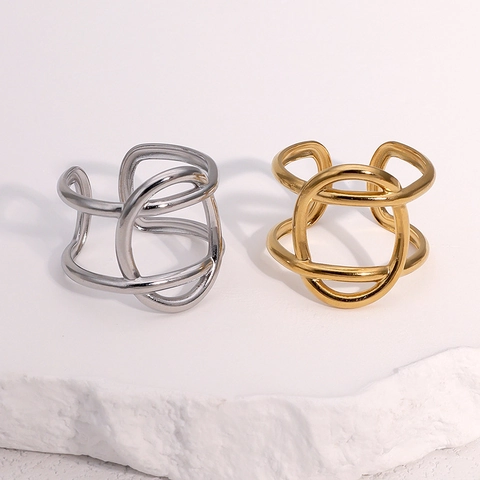 Anillo Geométrico Minimalista Líneas Cruzadas Acero Inoxidable Chapado En Oro 18K Anillo Abierto Ajustable Moda Para Mujeres
