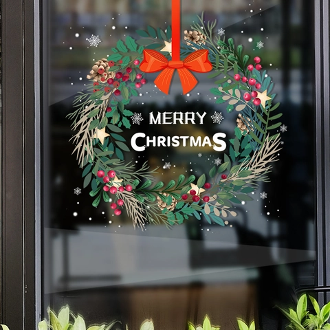 Pegatinas De Ventana De Corona De Navidad PVC Estático Impermeable Color Doble Cara Calcomanías De Puerta De Vidrio Navidad