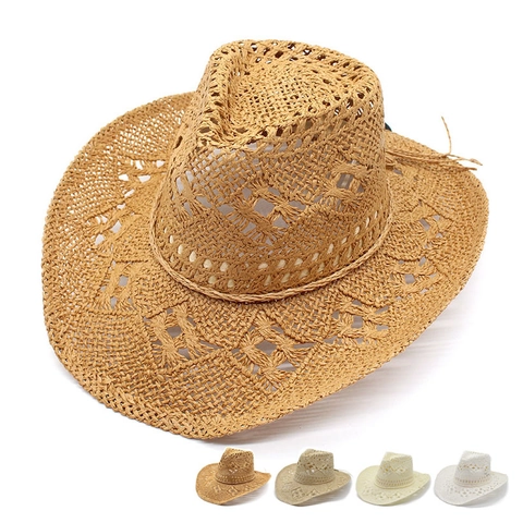 Hand Woven Paper Straw Cowboy Hat Hollow Out Breathable Wide Brim Western Summer Beach Sun Protection Jazz Fedora Hat