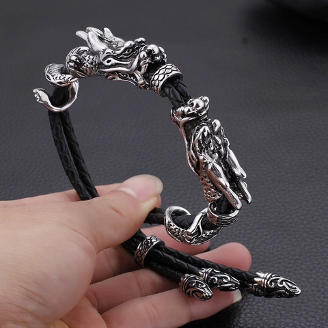 Herren Vintage Doppeldrachenkopf Armband Geflochtenes Rindsleder Edelstahl Punk Gothic Verstellbares Handseil