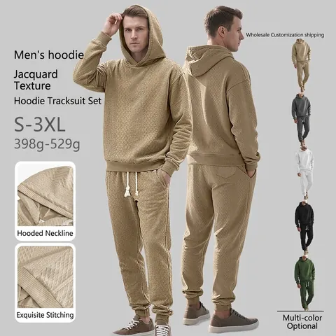 Heren Trainingspak Hoodie En Broek Gebreide Jacquard Textuur Lange Mouwen Trekkoord Casual Sportkleding Urban Mode