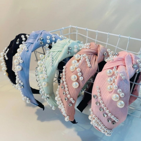 Eleganter Breiter Geknoteter Haarreif Mit Künstlichen Künstliche Perlen Blumen Strass Dekor Vintage Satin Stoff Haarschmuck Für Damen Alltag Party