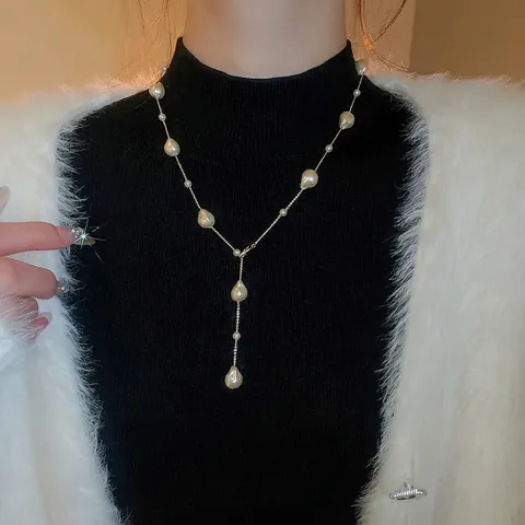 Barokke Kunstparel Y-Vormige Lariat Ketting Verguld Koper Glazen Kraal Franse Vintage Elegante Sleutelbeen Ketting Dames