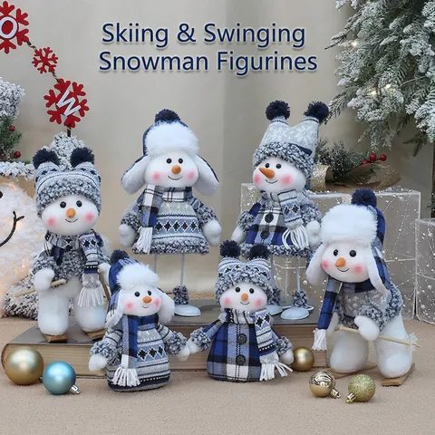 Poupées Bonhomme De Neige De Noël En Tricot Bleu Blanc Ornements En Peluche Figurines De Ski Décor De Table Vacances Hiver