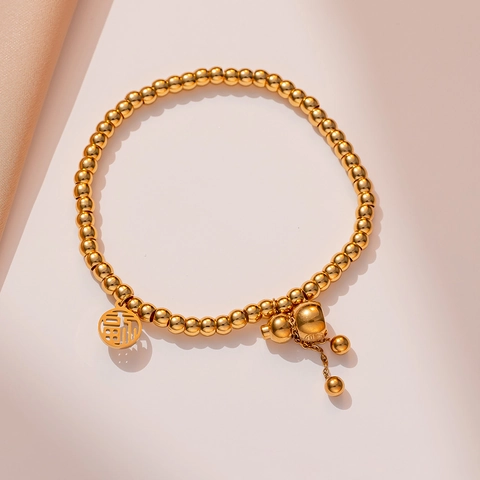 Braccialetto di Perline di Zucca con Carattere Fu in Acciaio al Titanio Oro per Donna Gioielli per Bracciale Portafortuna Geometrico in Stile Cinese di Lusso Leggero
