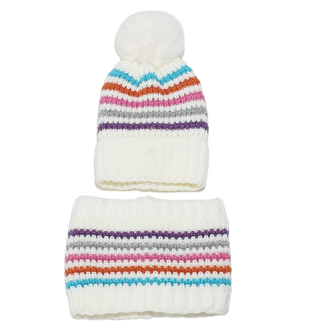 Cappello In Maglia E Scaldacollo Inverno Bambini Bianco Strisce Arcobaleno Acrilico Fodera In Pile Caldo