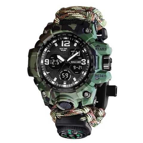 Orologio Da Sopravvivenza Multifunzionale Da Uomo Tattico All'aperto Cinturino In Paracord Bussola Termometro Doppio Display Impermeabile