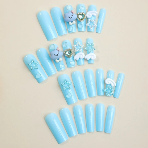 Uñas Postizas Largas De Ataúd Azul Cielo Con Decoración De Resina Nube Estrella Corazón Estilo Y2K Dulce Lindo Para Mujeres