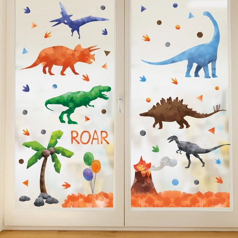 Watercolor Dinosaur Robot Racing Car Wall Stickers Cartoon Prehistoric Animals Volcano Boys Bedroom Playroom Nursery Decoration Posters