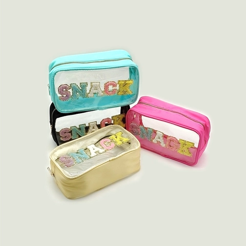 Transparent PVC Makeup Bag Waterproof Large Capacity Travel Toiletry Pouch With SNACK Chenille Embroidery Letters