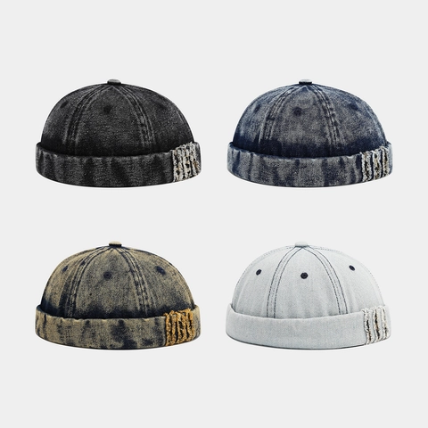 Berretto Docker In Denim Lavato Retro Con Toppa Distressed Cappello Senza Tesa Regolabile Streetwear Unisex Miki Hat