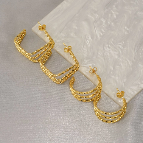 Gedrehte Seil-Ohrstecker 18K Vergoldet Edelstahl Mehrlagig Geometrisch Quadratisch C-Form Minimalistisch Für Frauen