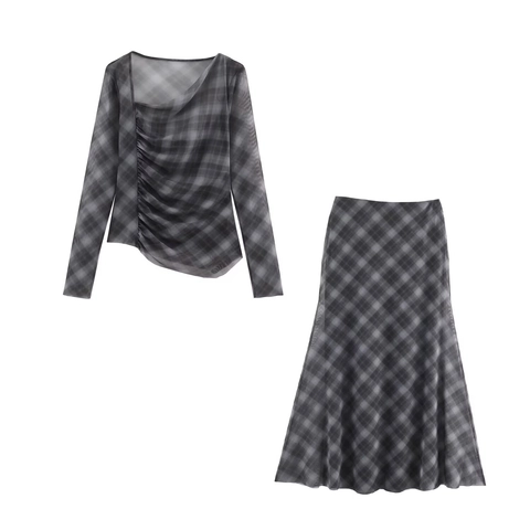 Atuendo Casual De Mujer Con Top De Malla De Manga Larga Plisado Y Falda Midi Acampanada