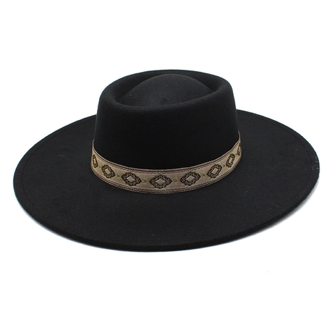 Cappello Fedora In Feltro Di Lana Tesa Larga Nastro Ricamato Etnico Retro Stile Britannico Unisex