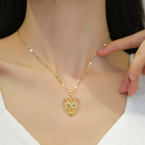 Collana Con Pendente A Cuore Catena In Acciaio Inossidabile Micro Pavè Di Rame Testa Di Pantera Occhi In Zirconia Verde