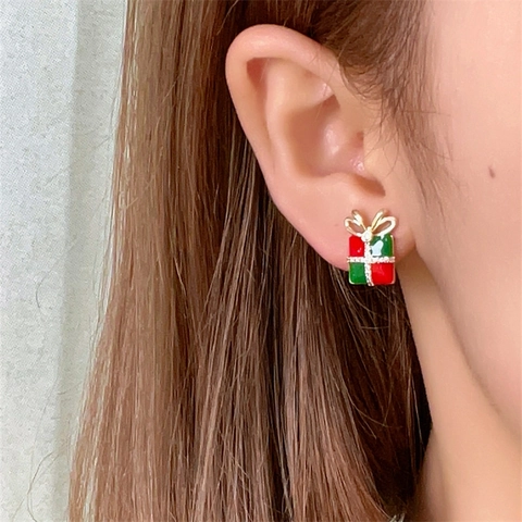 Weihnachtsglocke Geschenkbox Ohrstecker Emaille Glasierte Kupfer Mit Strass Schleife Feiertagsschmuck