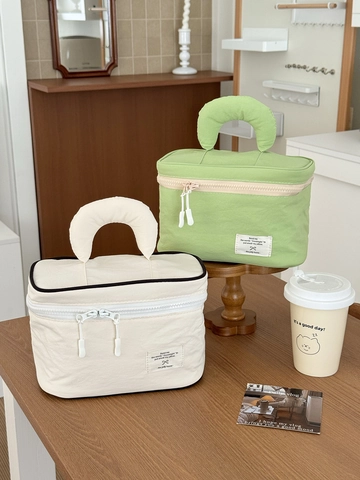 Large Capacity Makeup Bag Portable Nylon Toiletries Organizer Handle Double Zipper Simple Solid Color Travel Pouch