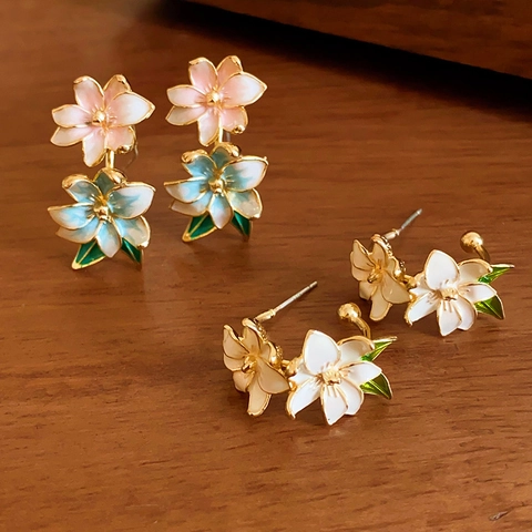 Flower Leaf Stud Earrings For Women Sweet Floral Enamel Alloy Jewelry With 925 Sterling Silver Earring Post