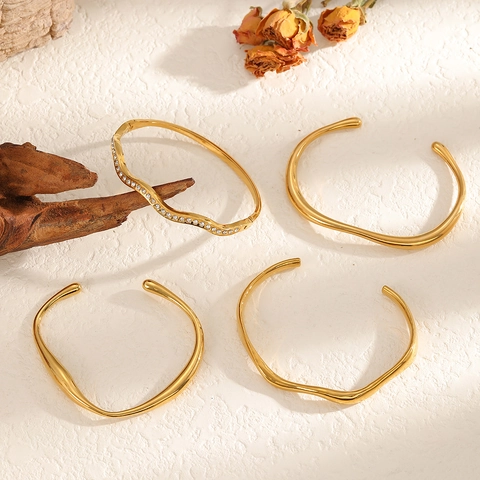Minimalist Geometric Wave Cuff Bangle Stainless Steel 18K Gold Plated Open Bracelet With Rhinestone For Women Elegant Jewelry