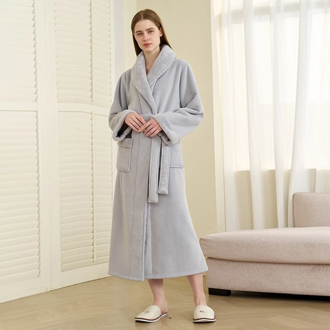 Accappatoio Donna Doppio Pile Spesso Lungo Accappatoio Caldo Inverno Homewear Morbido Risvolto Cintura Pigiameria