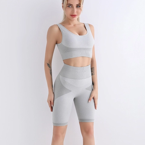 Completo Yoga Senza Cuciture Da Donna Reggiseno Sportivo E Pantaloncini Vita Alta Traspirante Asciugatura Rapida