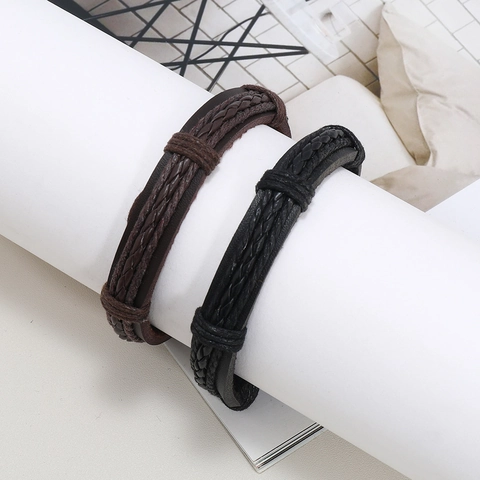Men's Braided Leather Bracelet Multi-layer Adjustable Wax Wire Rope Hand Jewelry Vintage Style Retro Casual