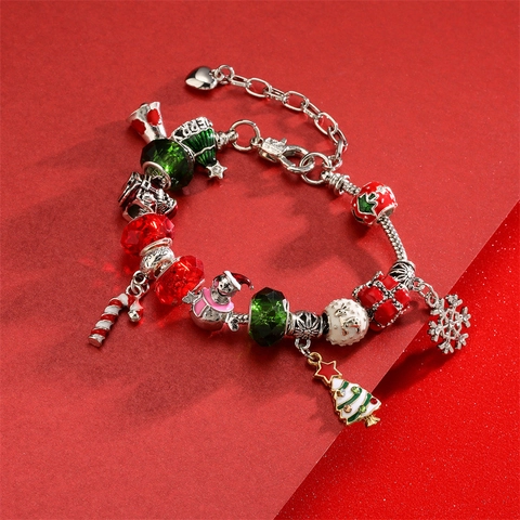Bracelet À Breloques De Noël En Perles Alliage Émail Cristal De Verre Père Noël Arbre Flocon De Neige Bijoux Vacances Femmes