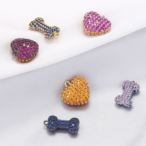Heart Bone Shaped Pendant Copper Pave Set Cubic Zirconia Colorful Charms For DIY Jewelry Making Accessories