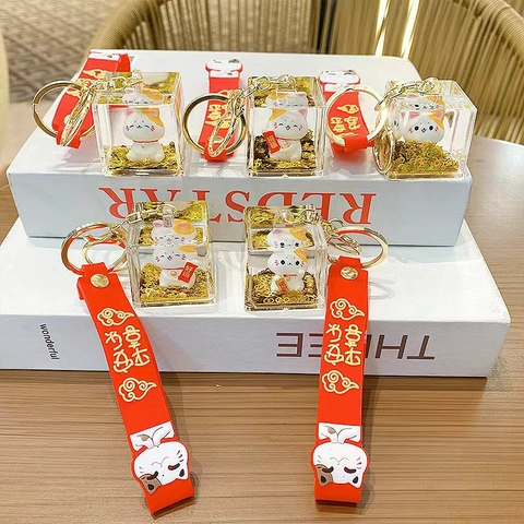 Lucky Cat Quicksand Keychain Maneki-neko Acrylic Cube Liquid Glitter Pendant Bag Hanging Charm Fortune Mascot Cute
