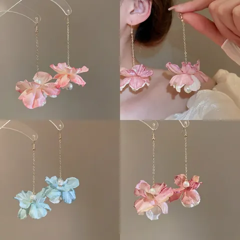 Boucles D'oreilles À Pampilles En Künstliche Perles De Tissu À Fleurs Longues Pendantes Style Vacances Avec Tige En Argent 925