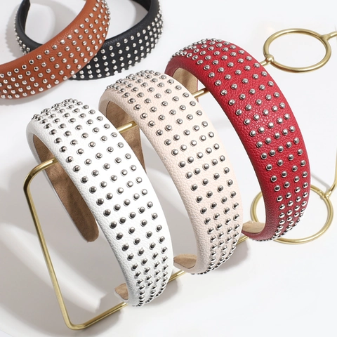 Women Retro Wide PU Leather Headband With Silver Metal Rivets Punk Style Minimalist Fashion Hair Hoop Accessories