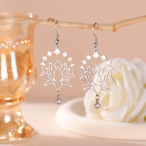 Orecchini a Pendente con Loto Cavo in Acciaio Inossidabile per Donna Eleganti Orecchini con Strass Gioielli di Moda