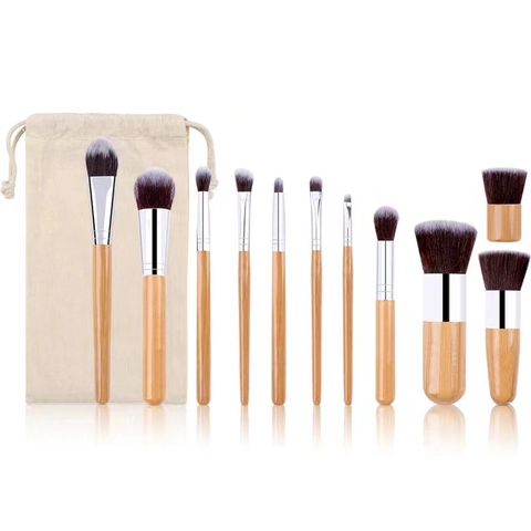 Professional Makeup Brushes Bamboo Handles Synthetic Fiber Bristles Portable Canvas Bag Foundation Eye Shadow Blending Tools