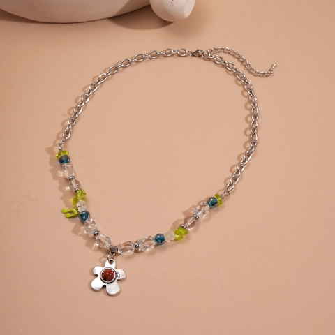 Blumen Anhänger Halskette Mit Unregelmäßigen Glasperlen Und Musiknoten Charme Legierung Silber Farbe Boho Schmuck Für Damen