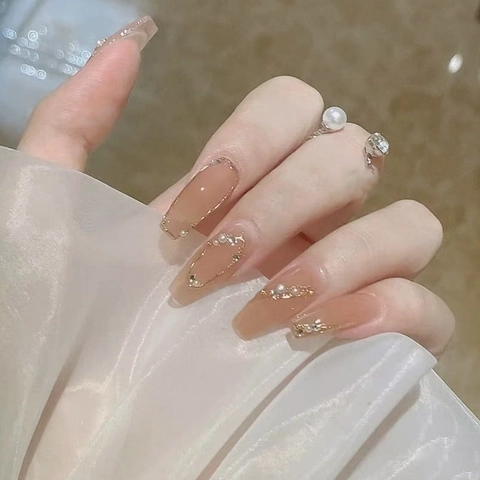 Uñas Postizas Coffin ABS Perla Artificial Rhinestone Línea Dorada Decoración Elegante Dulce Manicura Para Mujeres