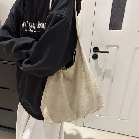 Faux Suede Frosted PU Leather Hobo Bag Large Capacity Slouchy Shoulder Tote For Women Retro Commute