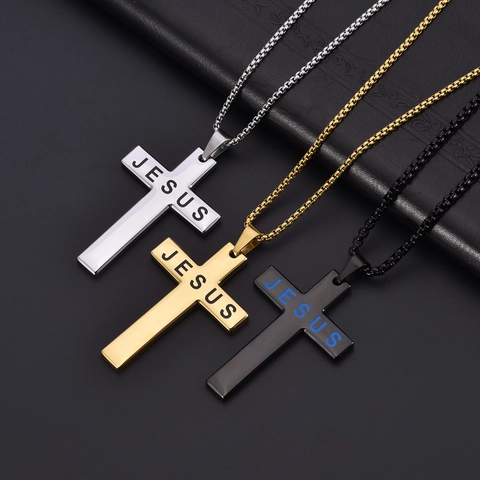 Collar Con Colgante De Cruz Luminosa Acero Inoxidable Grabado Letras De Jesús Brilla En La Oscuridad Joyería Religiosa