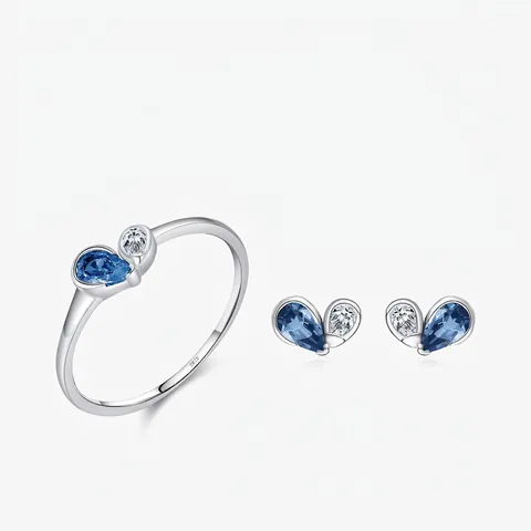 925 Sterlingsilber Zirkonia Herz Wassertropfen Schmuckset Für Damen Frischer Koreanischer Stil Rosa Blauer Stein Ring Und Ohrstecker Mode Geschenk