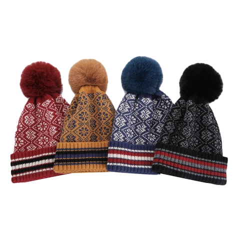 Vintage Bohemian Knitted Beanie Hat With Faux Fur Pom Pom Winter Warm Geometric Diamond Pattern Acrylic Skull Cap