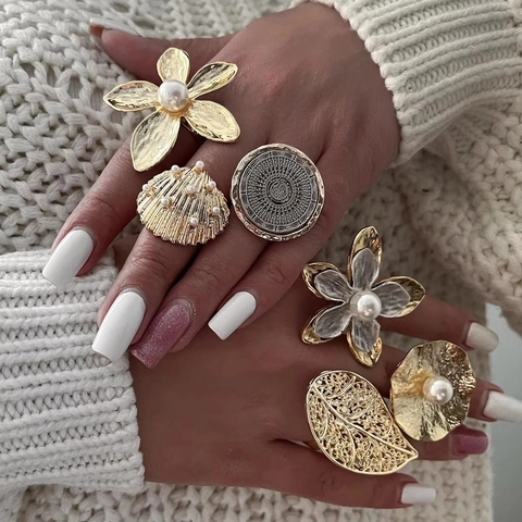 Vintage Stainless Steel Artificial Pearl Earrings And Adjustable Ring Gold Plated Ruffle Leaf Floral Jewelry For Women