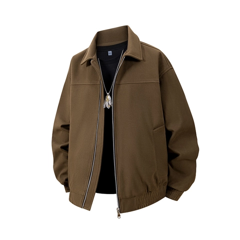 Men Jacket Turn-down Collar Zip Up Retro Casual Outerwear Ribbed Cuffs Solid Color Polyester Streetwear Style