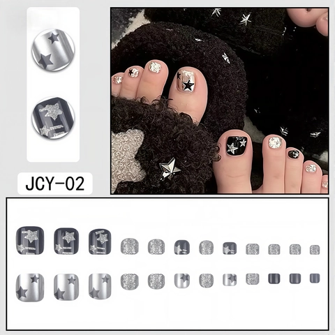 Faux Ongles De Pieds À Presser Motifs Étoiles Paillettes Strass Style Punk DIY Ongles Artificiels Pour Femmes Gris Argent