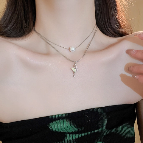 Collar De Doble Capa Aleación Circonita Perla Artificial De Imitación Colgante Mariposa Estrella Color Plata Cadena Clavícula Mujeres