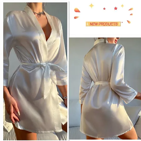 Women Satin Robe Satiny V Neck Sleepwear Bathrobe Nightgown With Belt Solid Color Lightweight Home Wear Lingerie