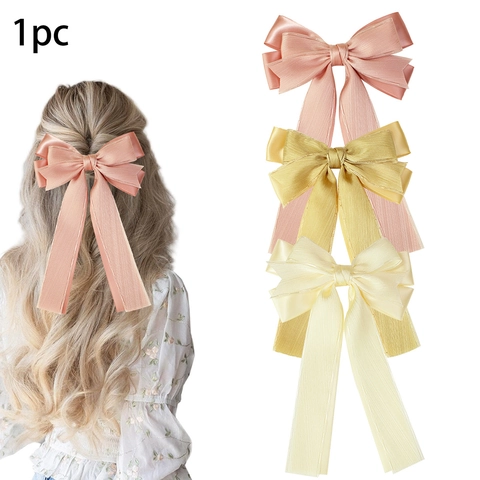 Double Layer Satin Bow Hair Clip With Long Streamers Handmade Ribbon Barrette Sweet Elegant Headwear For Women Girls