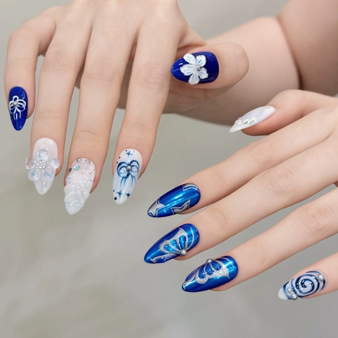 Luxury Press On Nails Deep Blue Deep Sea Theme 3D Flower Butterfly Rhinestone Handmade Almond Shape Nail Art For Women