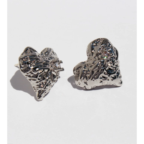 Messing Herz Ohrstecker Mit Geschmolzener Textur Zirkonia 925 Sterlingsilber Stift Irreguläre Herz Schmuck Für Damen