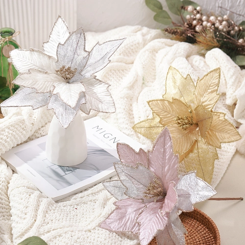 Artificial Christmas Poinsettia Flowers Fabric Mesh Glitter Sequins Christmas Tree Ornament Home Party Decor Elegant